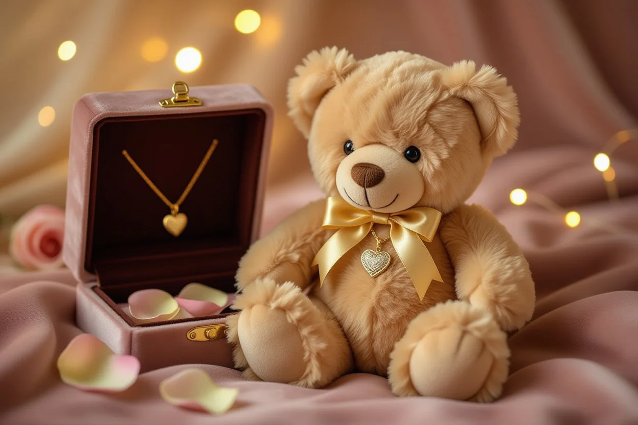 Romantic teddy bear gift with hidden necklace surprise for her