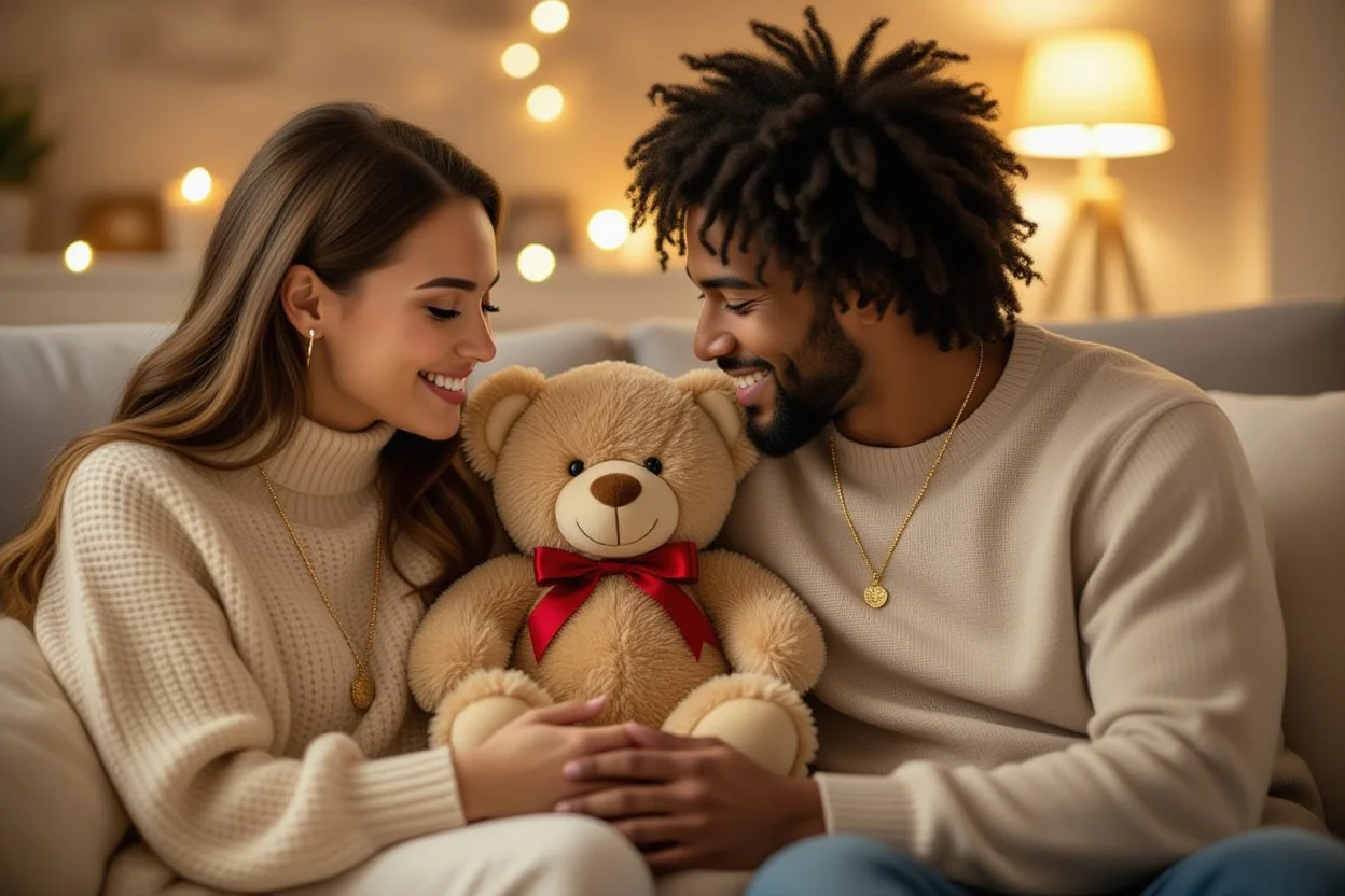 Happy couple enjoying romantic teddy bear and necklace gift moment together