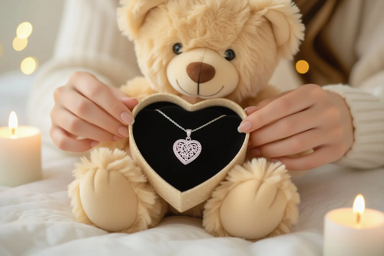 Hidden necklace surprise being revealed from teddy bear romantic apology gift