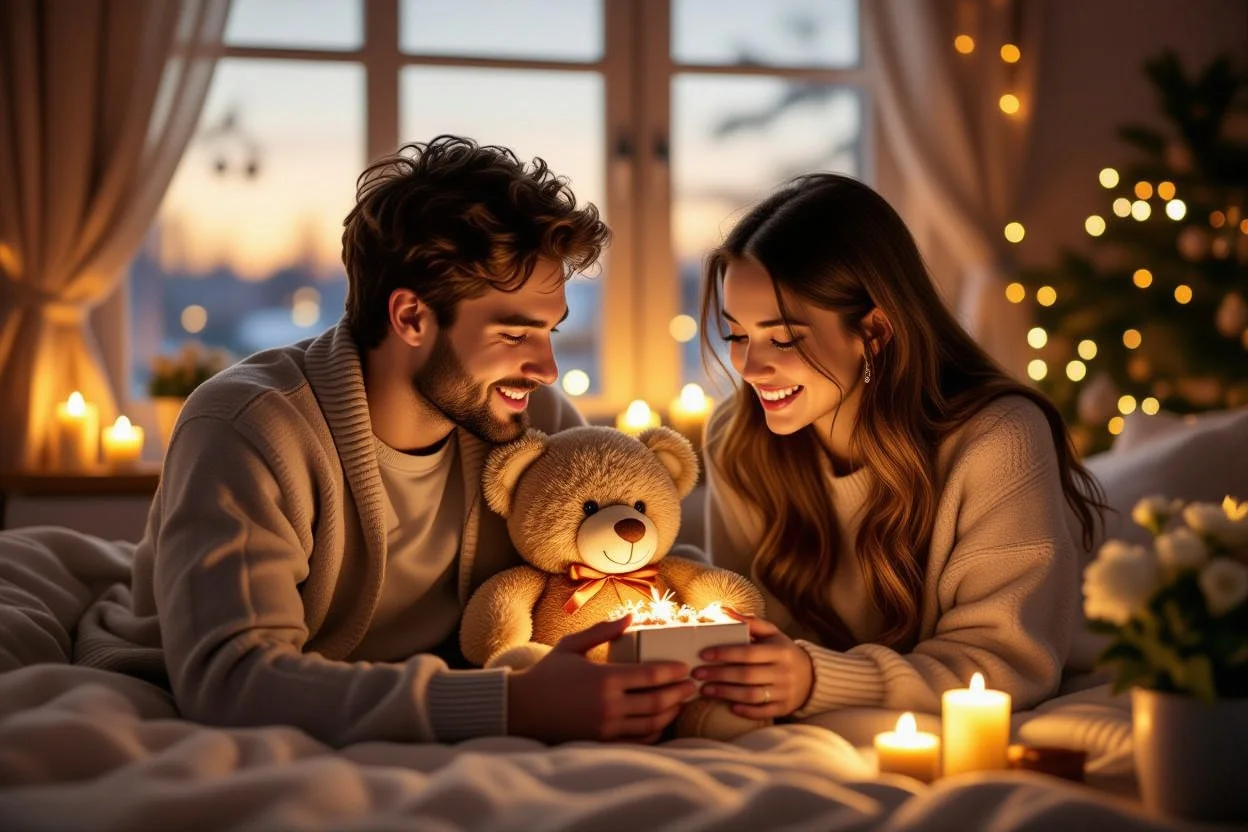 Couple reconciling with romantic teddy bear apology gift surprise moment