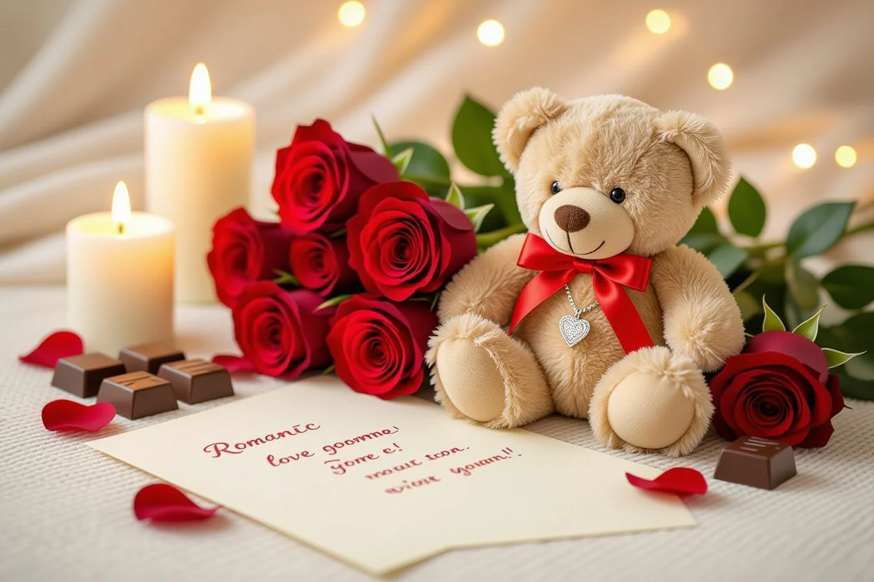 Romantic apology gifts flat lay with teddy bear necklace surprise and roses