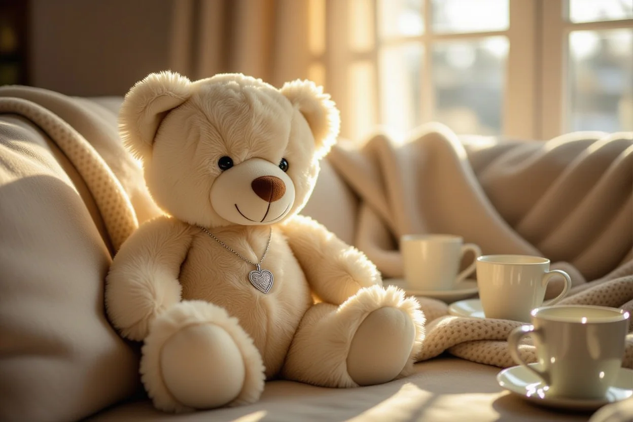 Teddy bear with hidden heart necklace surprise gift on cozy couch for spontaneous romantic gesture