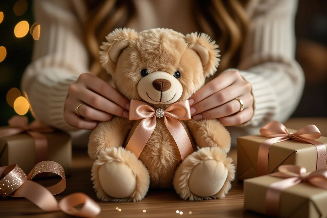 Hands hiding necklace surprise in teddy bear gift for spontaneous romantic moment