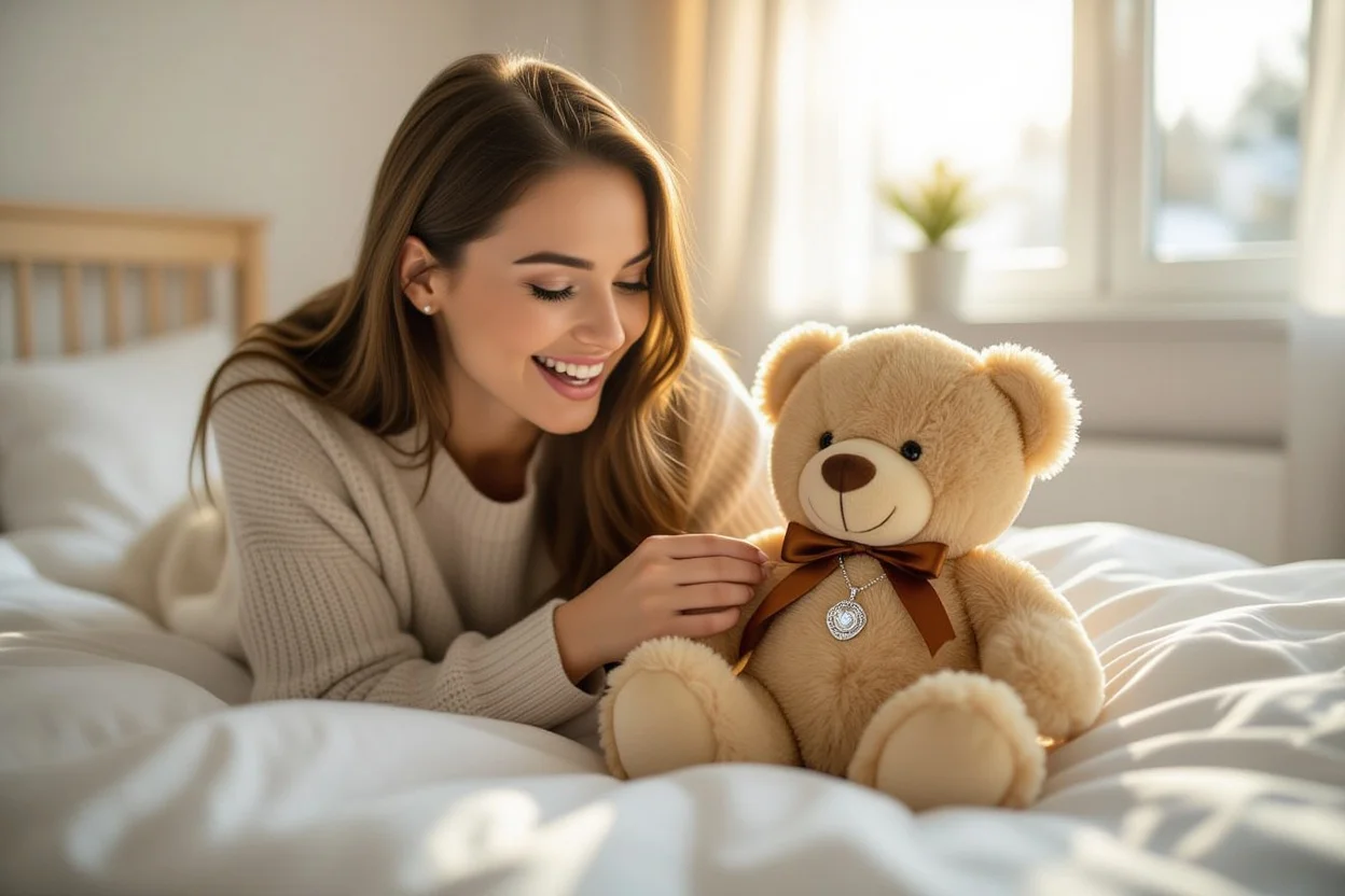 Woman discovering hidden necklace surprise in teddy bear gift during everyday romantic moment