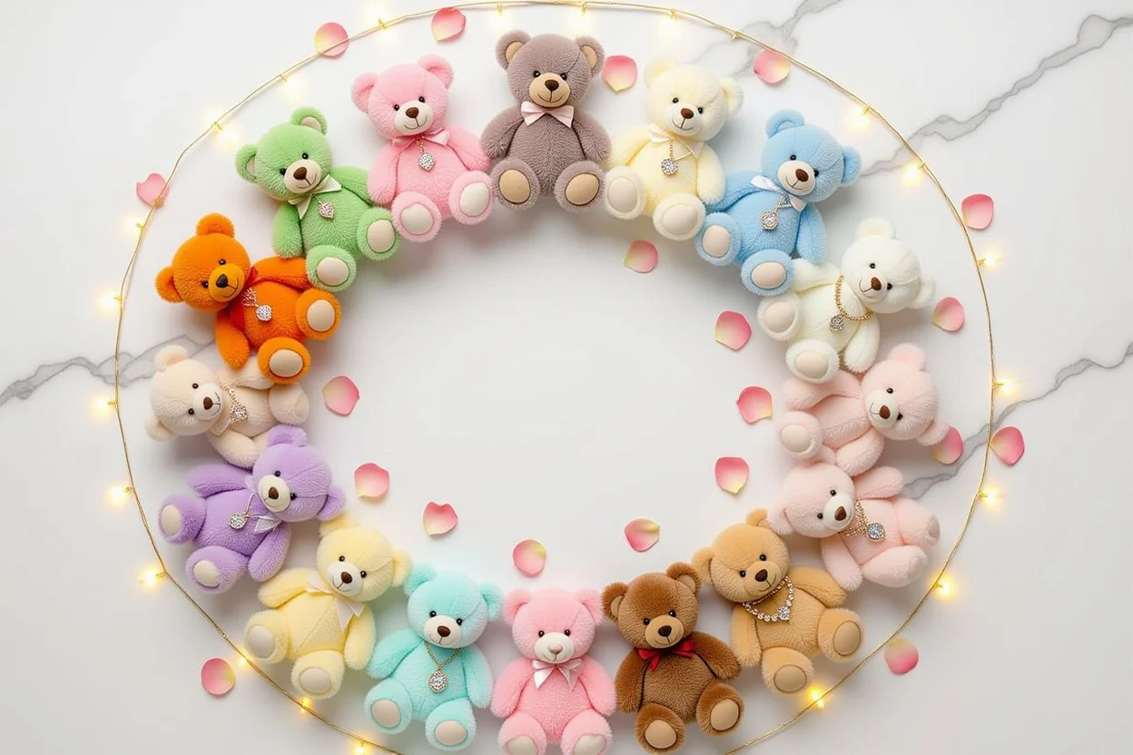 Collection of teddy bears with hidden jewelry surprises arranged artistically for romantic gift guide