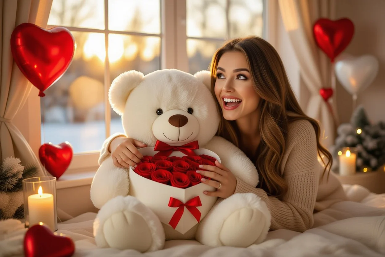 Woman discovering hidden preserved roses in teddy bear Valentine's Day gift surprise