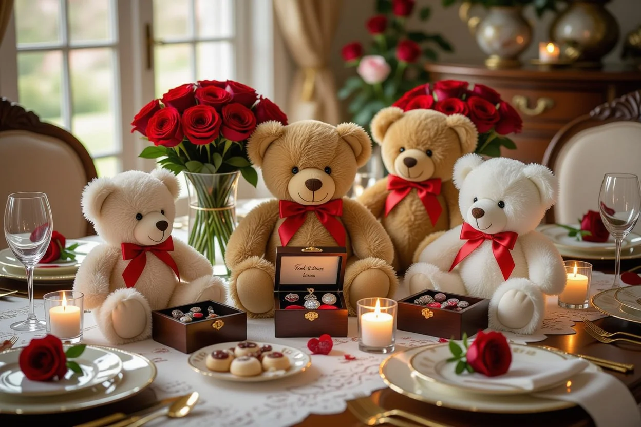 Romantic Valentine's Day table with teddy bear gifts containing hidden surprises and jewelry