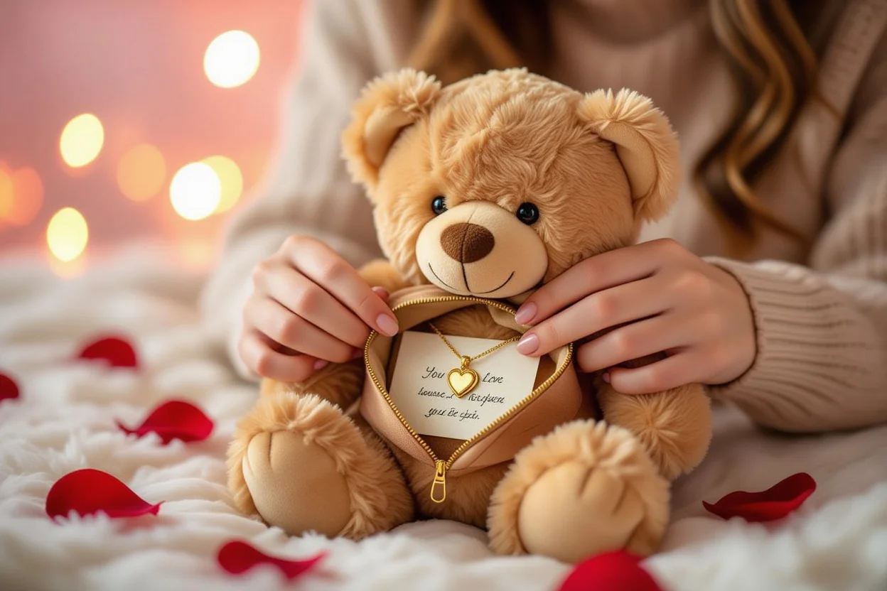 Hands opening teddy bear's secret compartment revealing love letter and locket necklace gift