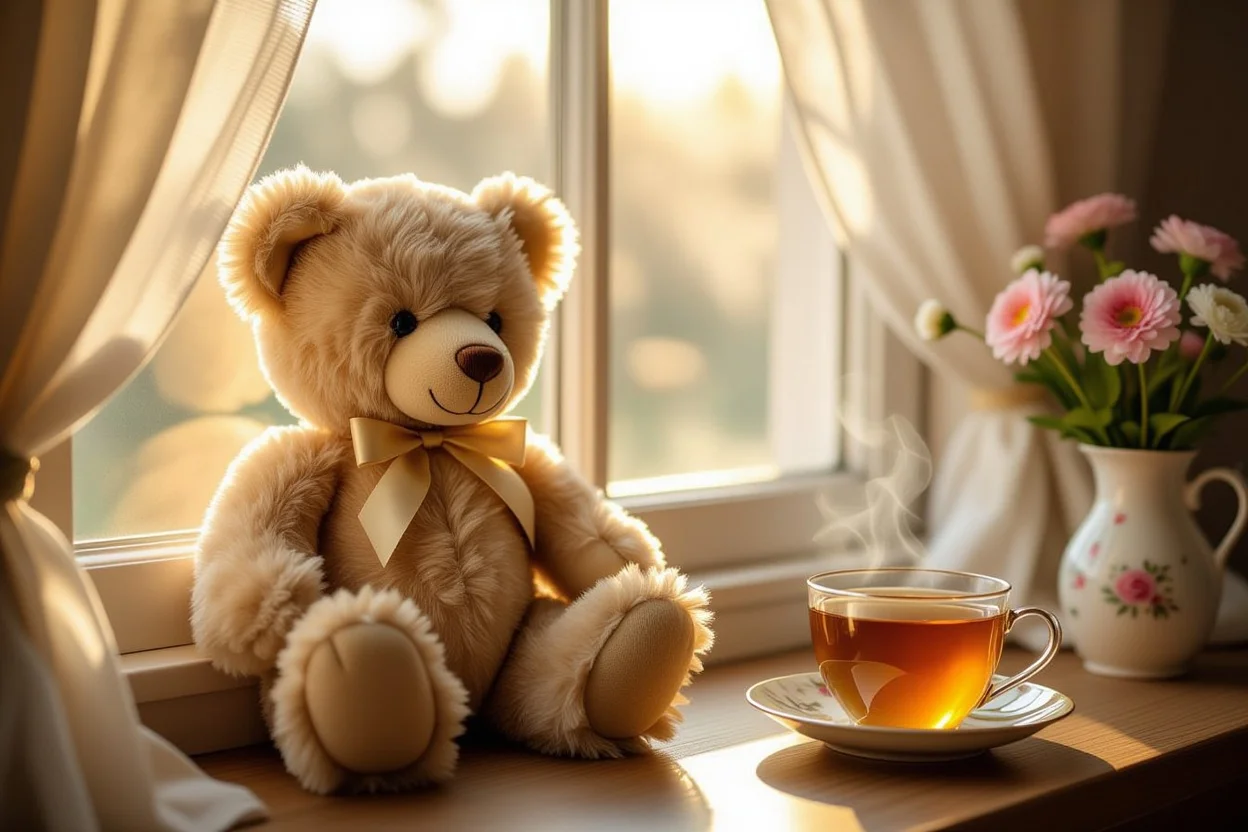Elegant romantic teddy bear gift sitting by window with afternoon sunlight and tea cup