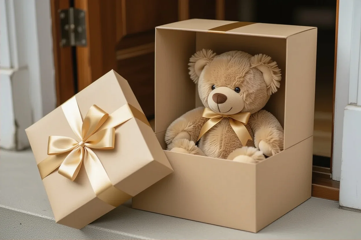 Romantic gift package being unwrapped to reveal special teddy bear surprise delivery