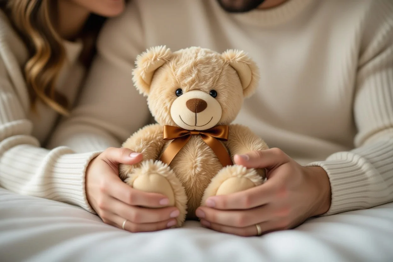 Couple holding romantic teddy bear gift together showing lasting love connection