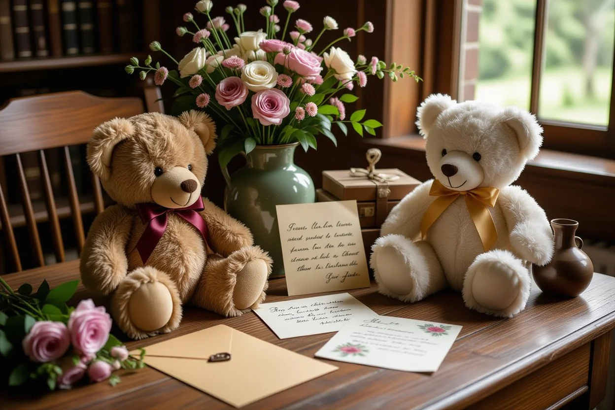 Collection of lasting romantic gifts including teddy bear and preserved flowers on wooden table
