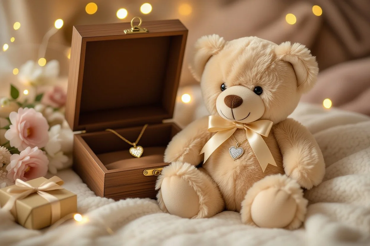 Cute teddy bear with hidden necklace surprise gift emerging from secret compartment