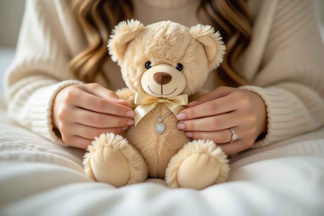 Hands discovering hidden necklace surprise inside teddy bear gift compartment