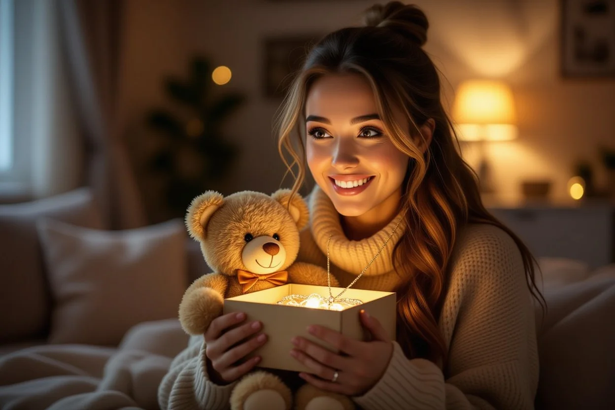 Happy woman smiling while holding teddy bear and surprise necklace gift
