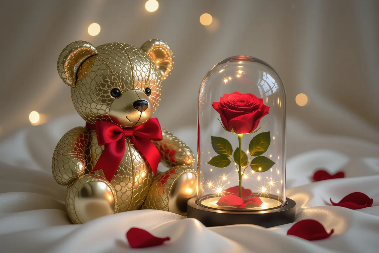 Luxury teddy bear gift with preserved rose in glass dome for romantic occasions