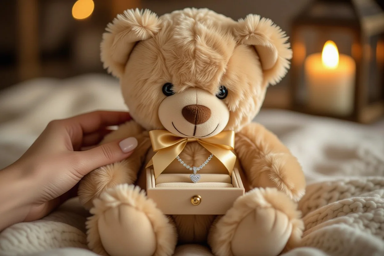 Hidden necklace surprise being revealed inside romantic teddy bear gift