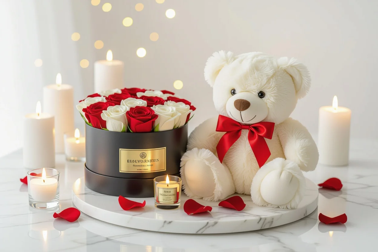 Romantic gift presentation featuring teddy bear with preserved rose for Valentine's Day