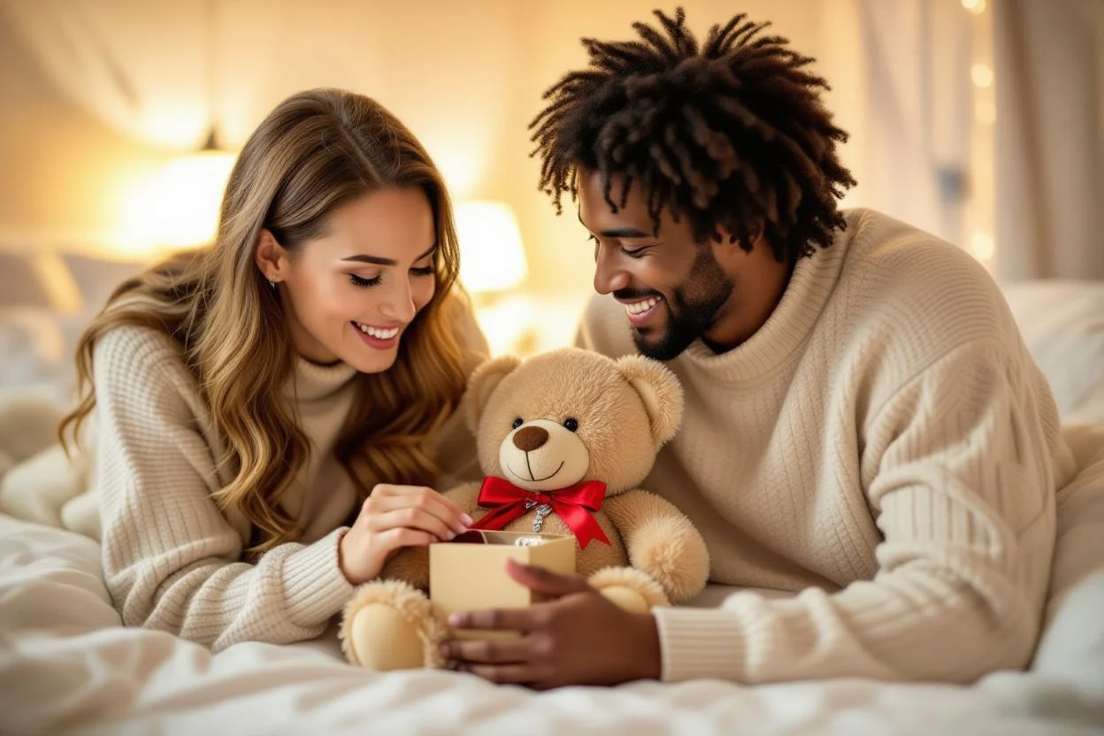 Couple enjoying surprise moment discovering hidden necklace in romantic teddy bear gift