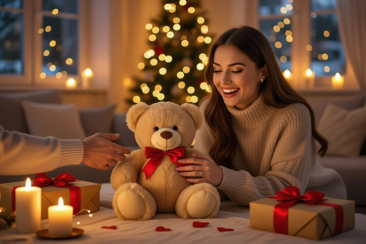 Romantic gift giving moment with teddy bear surprise present for birthday or anniversary