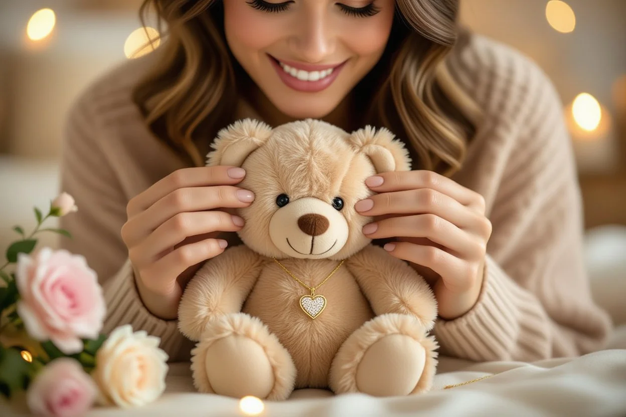Woman discovering hidden necklace surprise inside romantic teddy bear gift