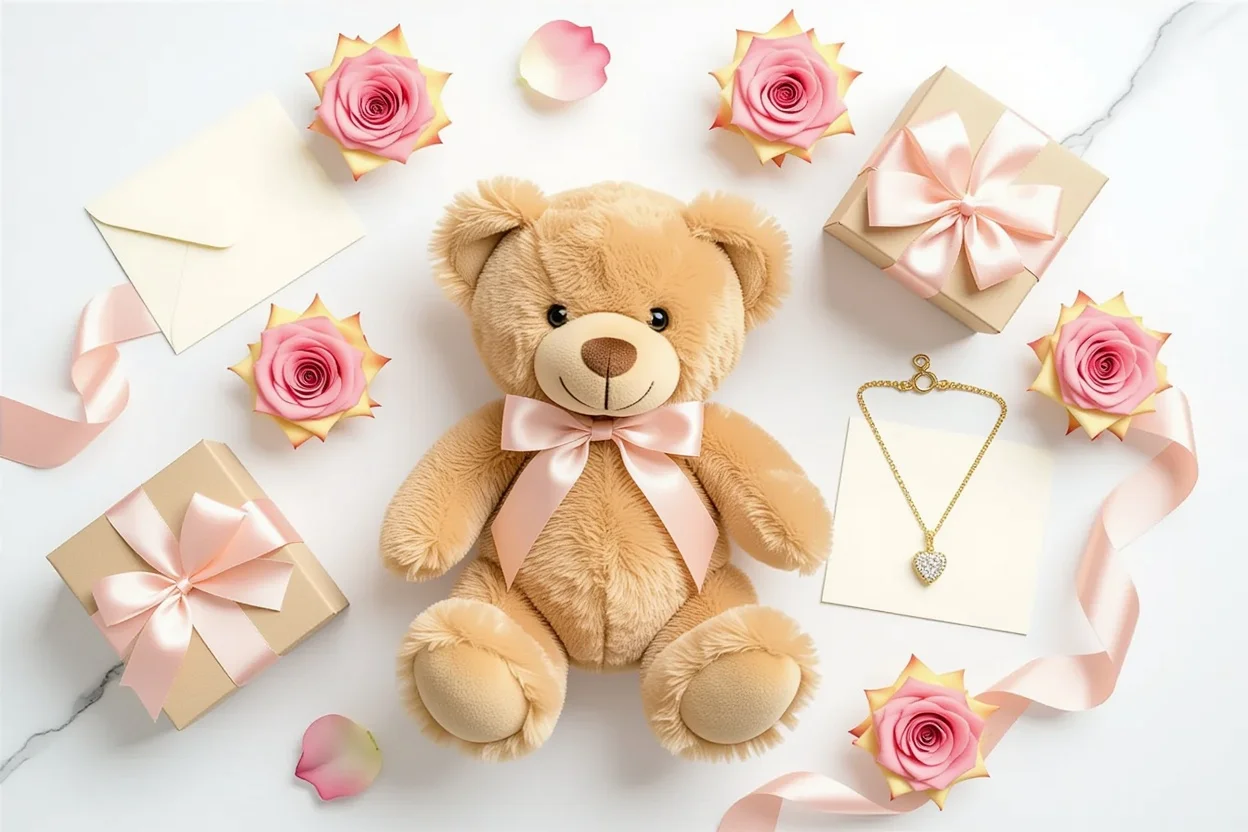 Romantic gift guide flat lay with teddy bear, preserved flowers, and surprise necklace for Valentine's Day
