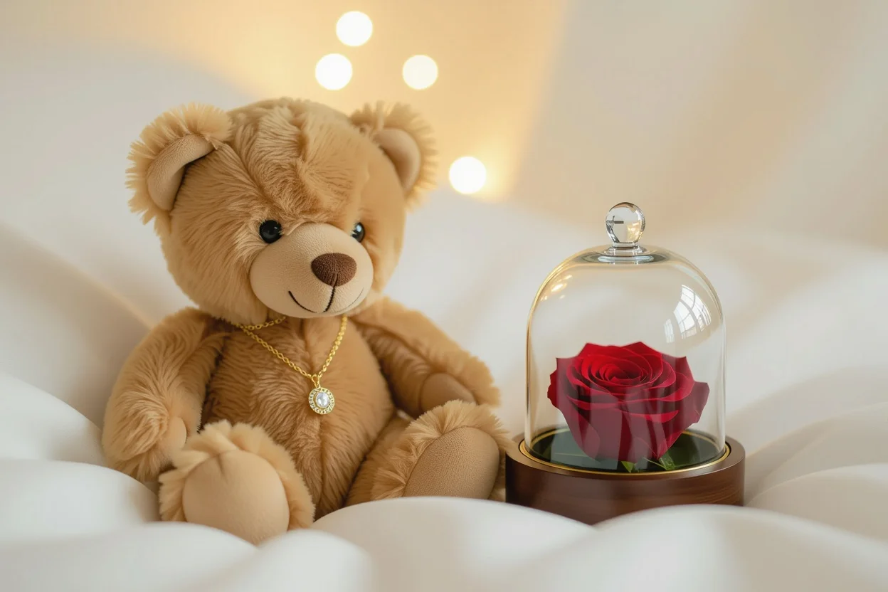Romantic teddy bear gift with hidden necklace compartment and preserved rose for anniversary or Valentine's Day