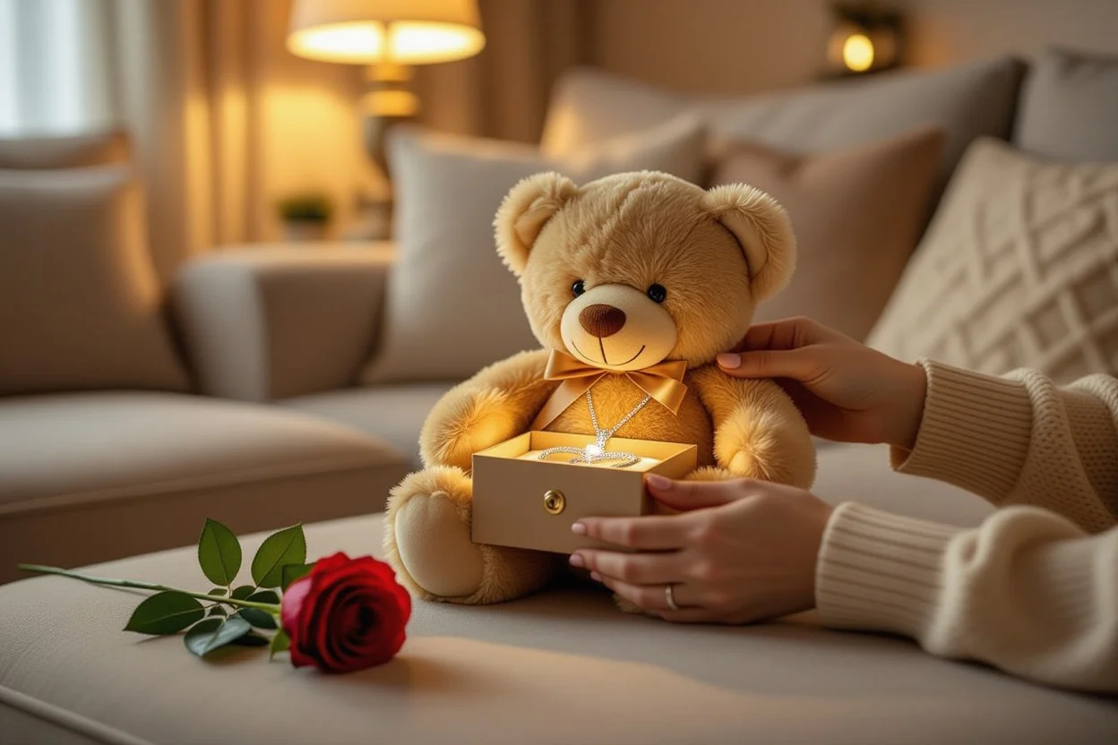 Couple discovering hidden necklace surprise inside romantic teddy bear gift on cozy evening