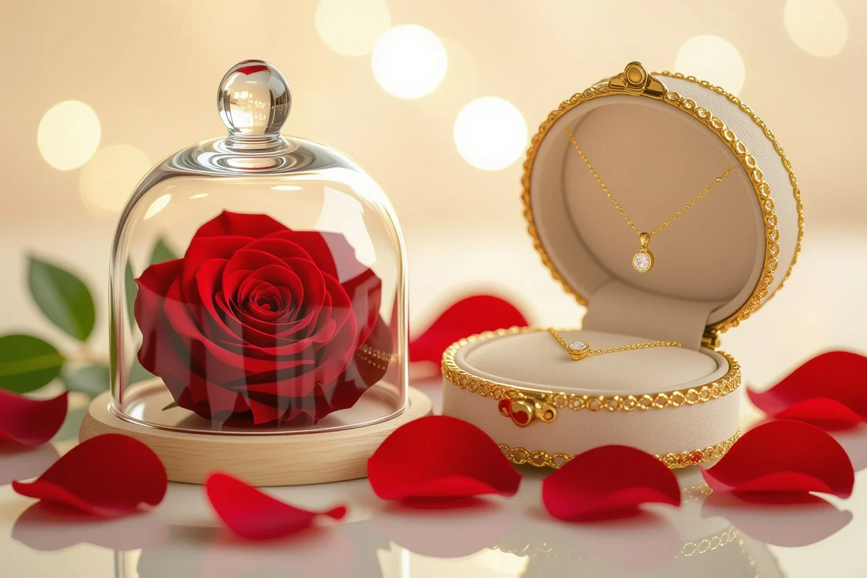 Preserved rose and elegant necklace gift set symbolizing eternal love and romantic gestures