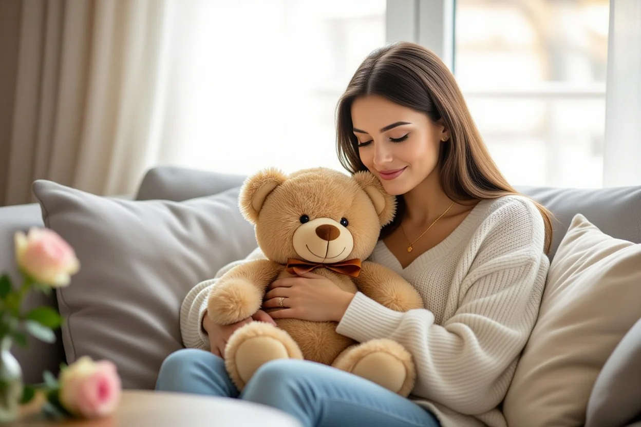 Woman enjoying romantic teddy bear comfort gift while wearing surprise necklace, showing emotional impact of thoughtful presents