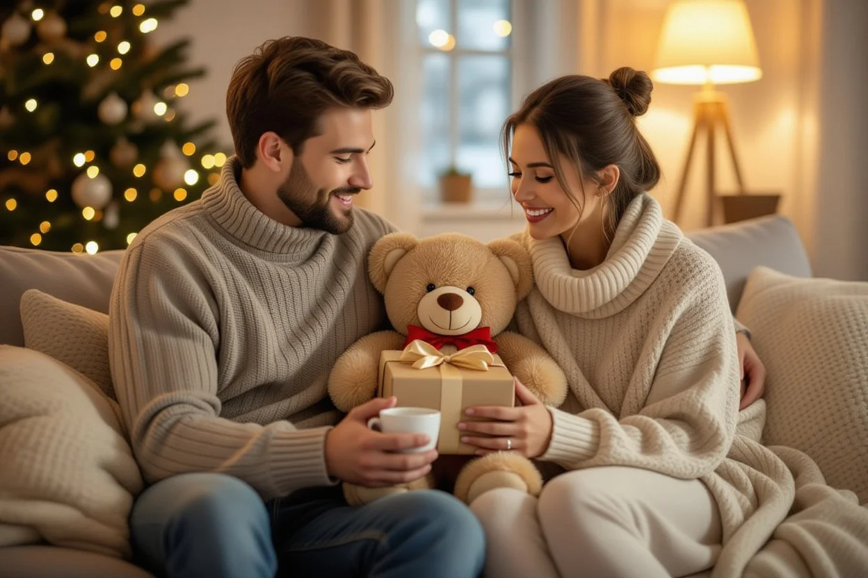 Romantic gift giving moment with teddy bear present showing lasting love and thoughtful connection