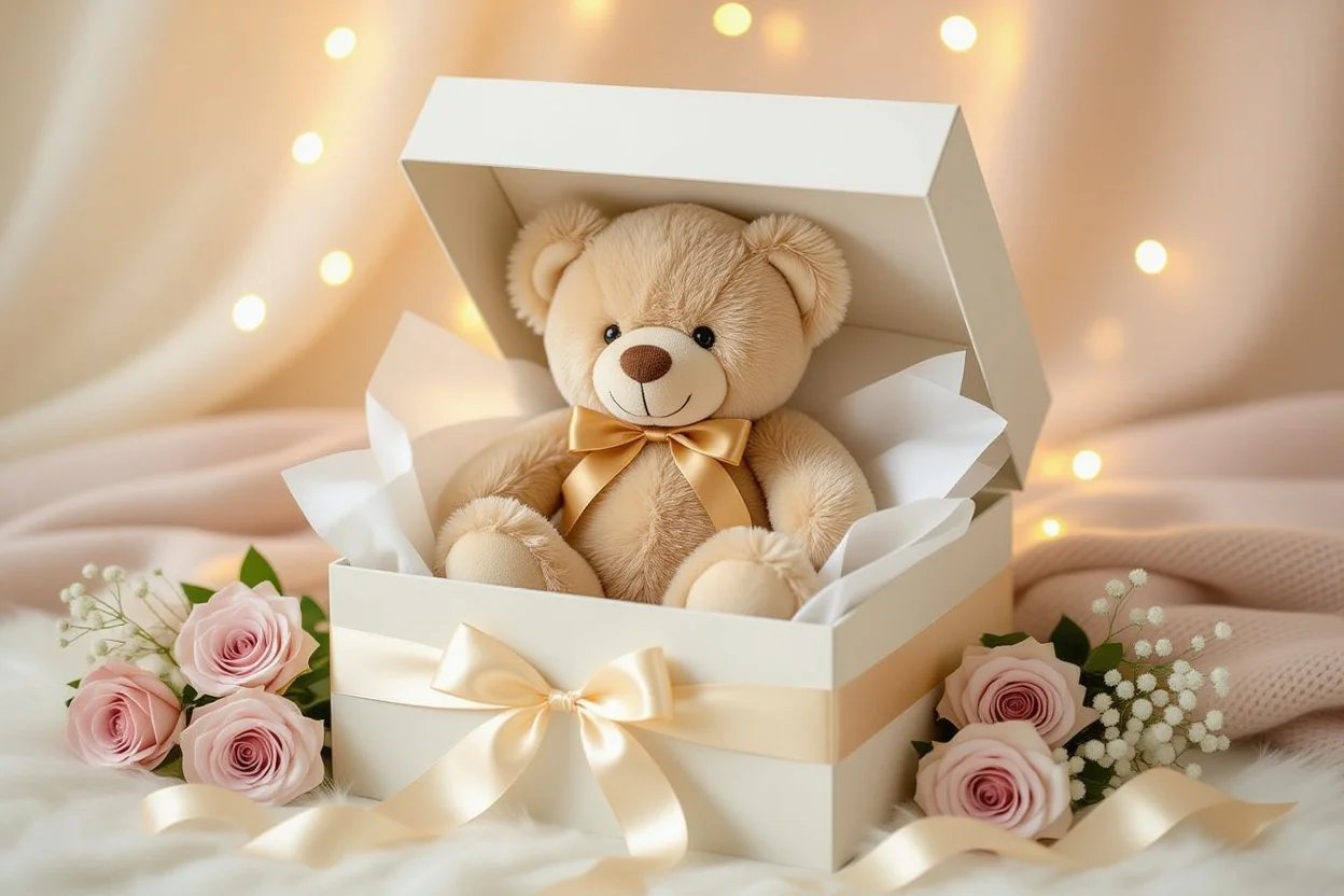 Elegant teddy bear gift box with preserved flowers and ribbon for appreciation gifts