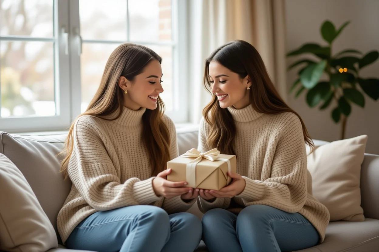 Sisters sharing a heartfelt gift-giving moment on cozy couch at home