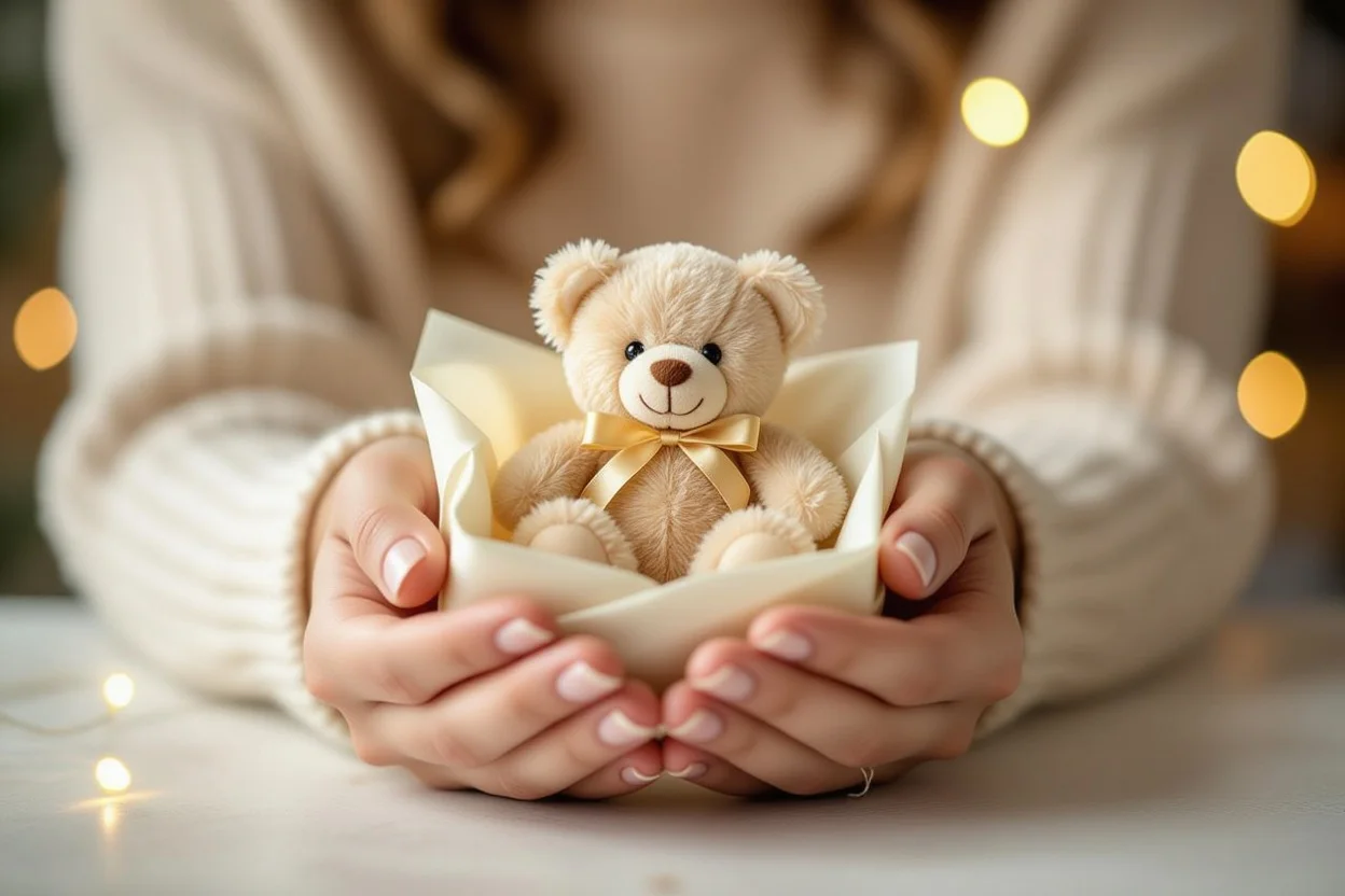 Hands holding thoughtful appreciation gift with soft lighting and warm atmosphere