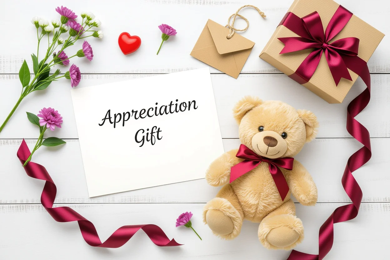 Flat lay arrangement of appreciation gifts including teddy bear and flowers for gift guide