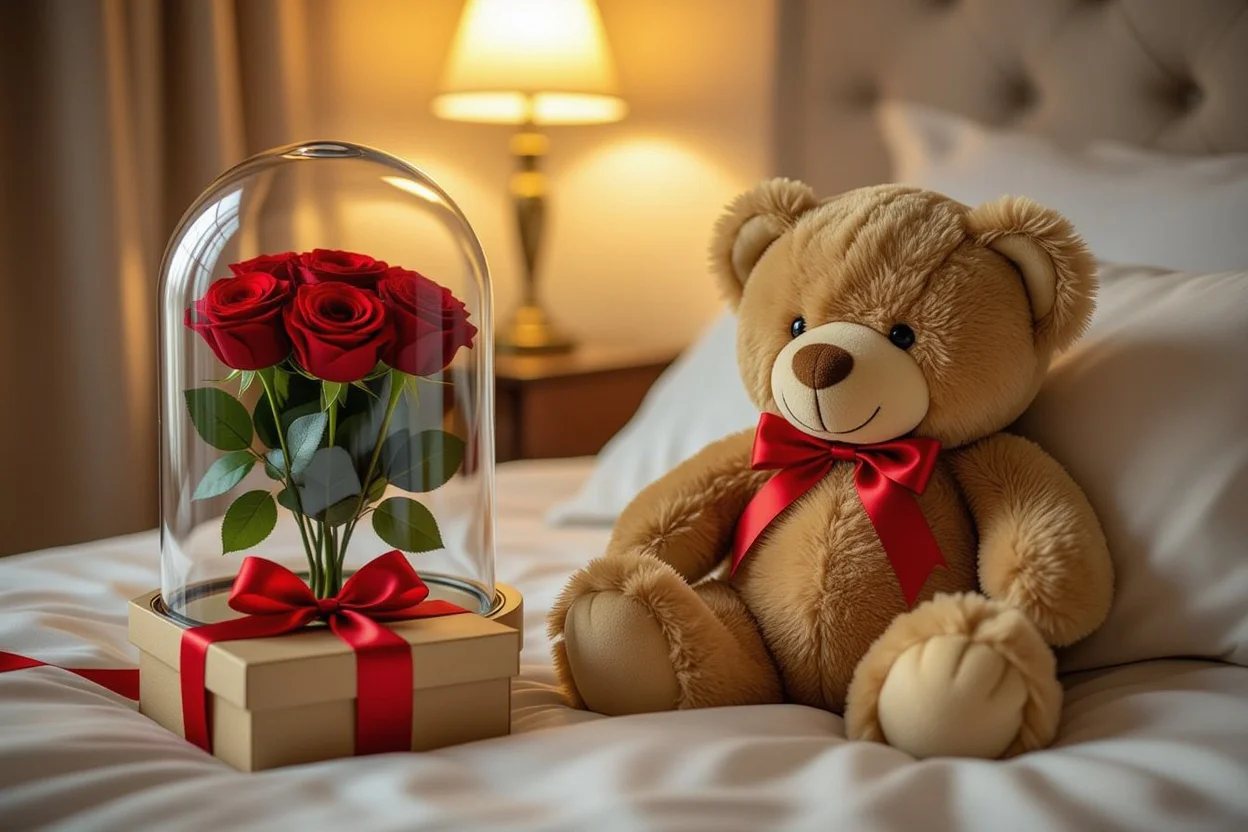 Mountova Pro smart teddy bear romantic Valentine's Day gift setting with preserved roses