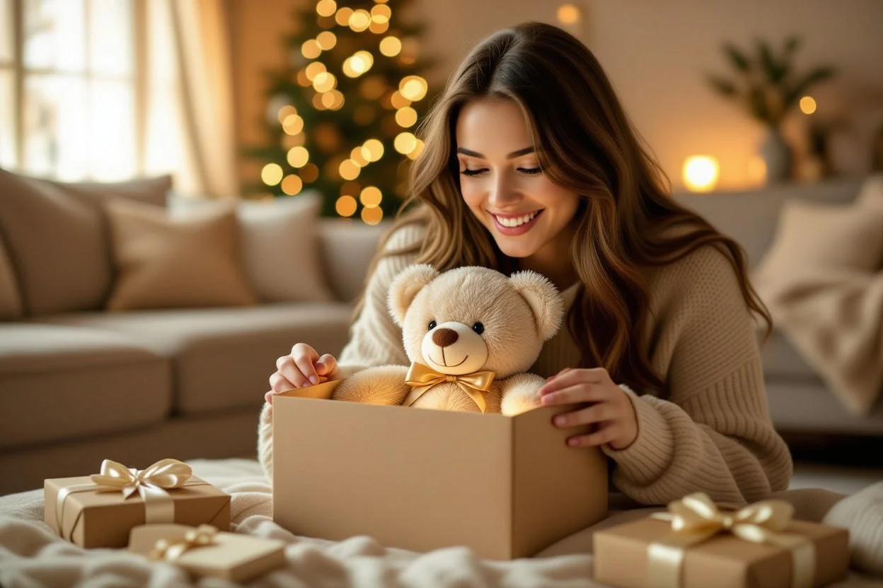 Woman receiving smart teddy bear as romantic surprise gift unwrapping moment