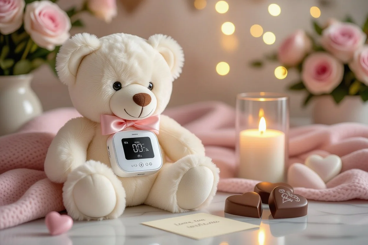 Premium smart teddy bear product showcase with romantic Valentine's Day gift accessories