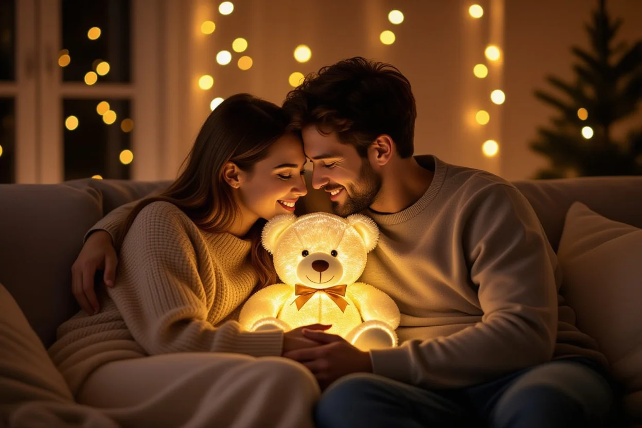 Couple enjoying smart interactive teddy bear gift together in romantic cozy setting
