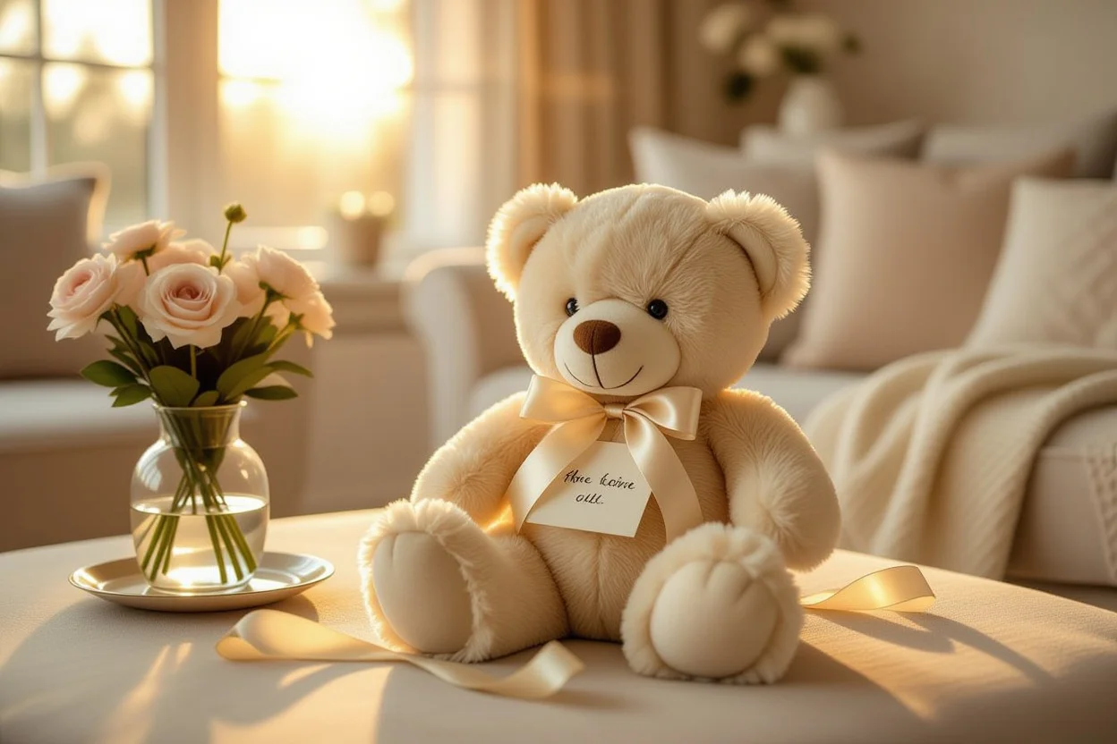 Elegant teddy bear gift with ribbon and note on coffee table in warm romantic lighting