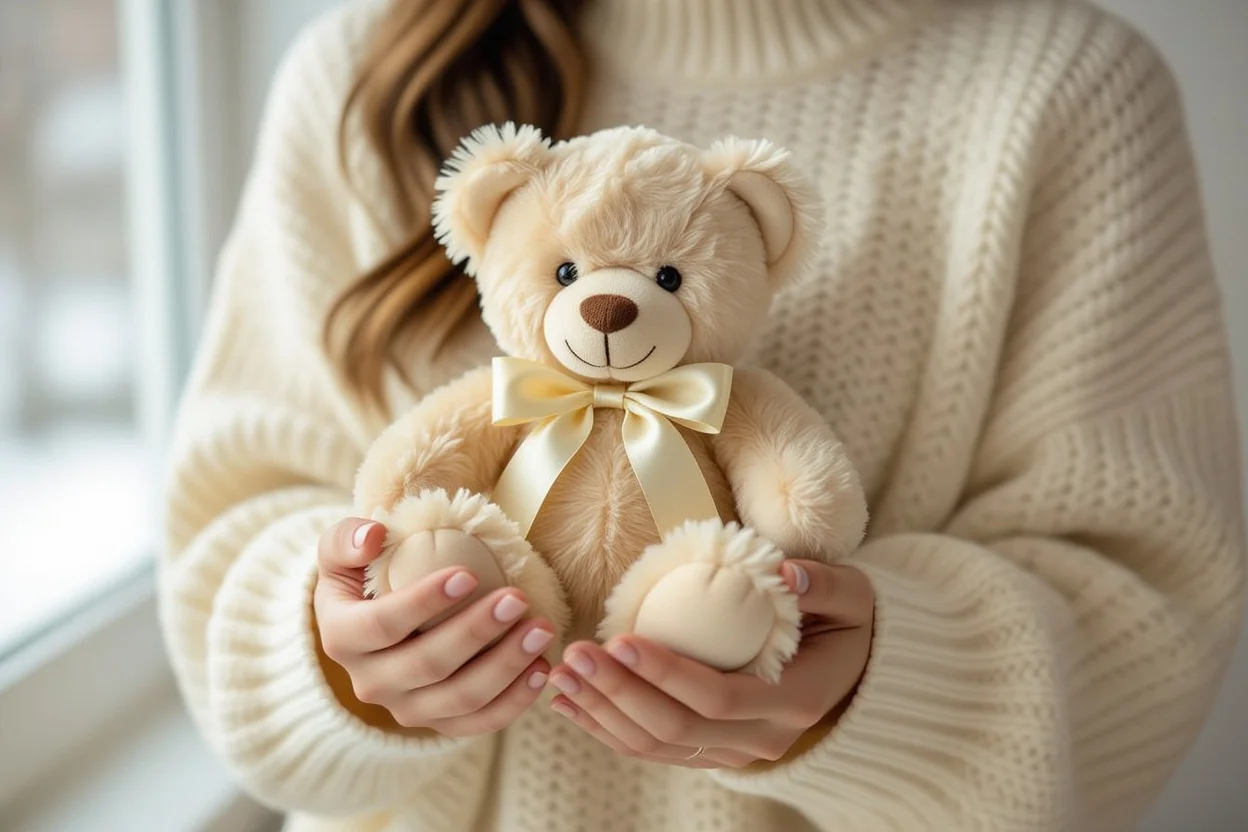 Hands gently holding a luxury teddy bear gift showing appreciation and thoughtfulness