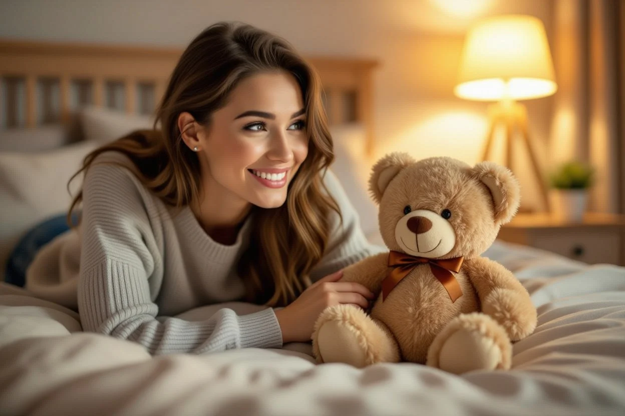 Woman discovering surprise teddy bear gift at home showing joy and appreciation