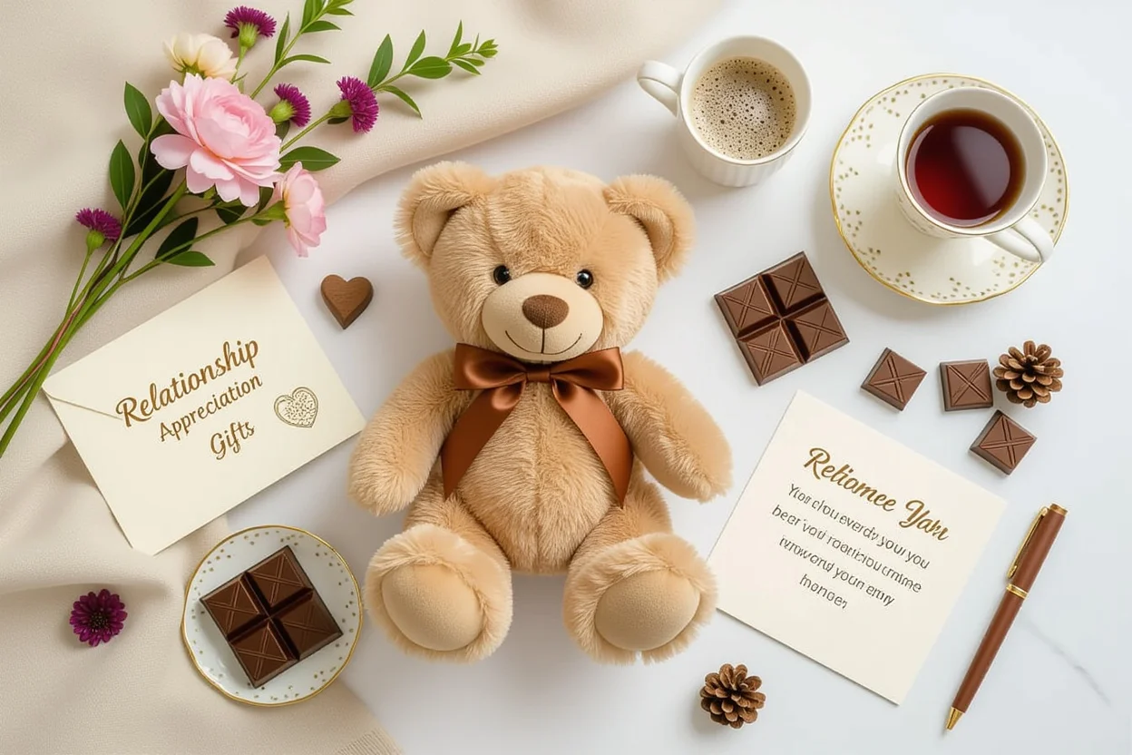 Flat lay of romantic appreciation gifts featuring teddy bear with flowers and thoughtful presents