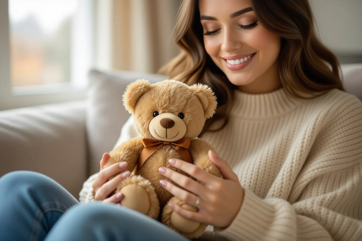 Woman holding whispering teddy bear gift - thoughtful romantic present for everyday appreciation