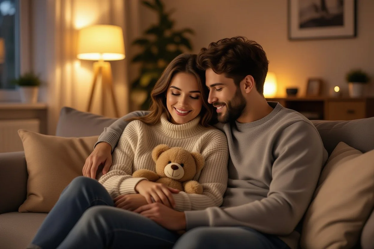Couple sharing intimate moment with appreciation teddy bear - everyday relationship gifts and romance