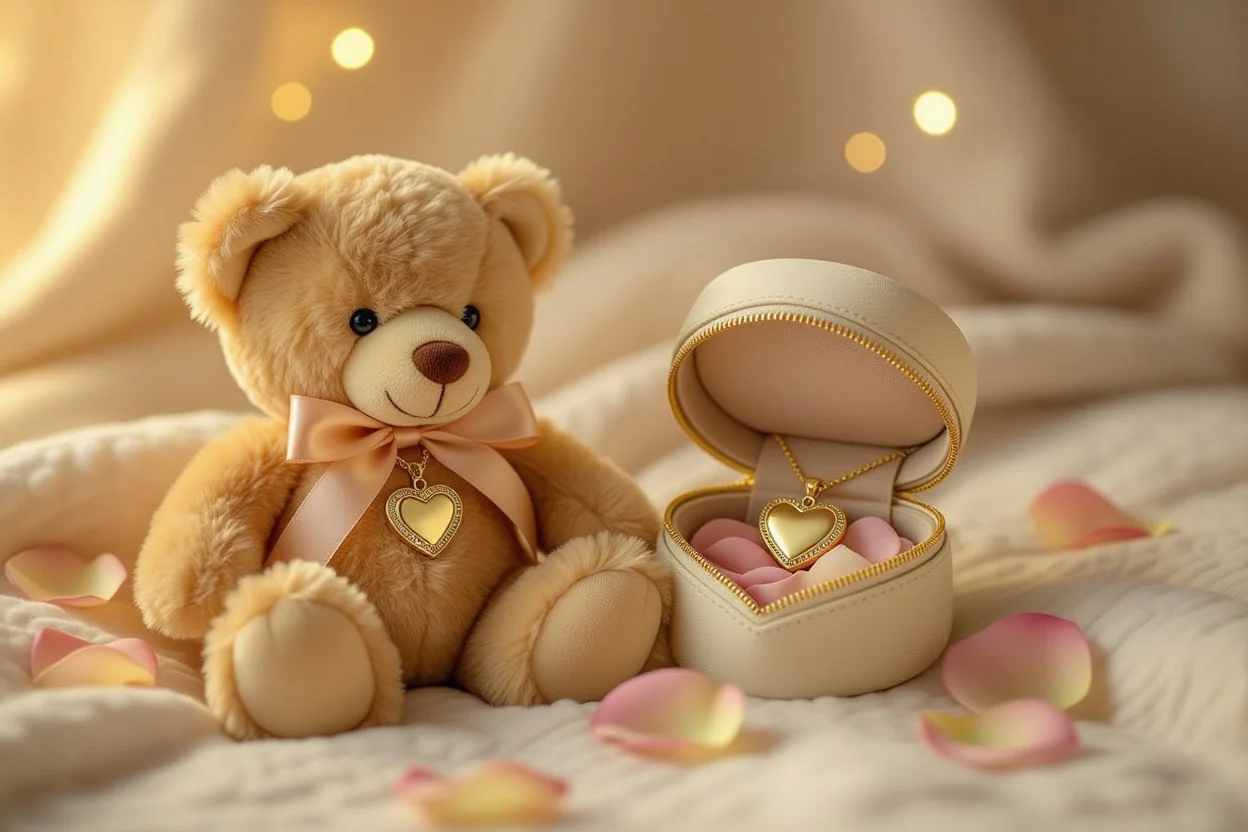 Meaningful teddy bear gift with hidden heart necklace surprise for romantic occasions