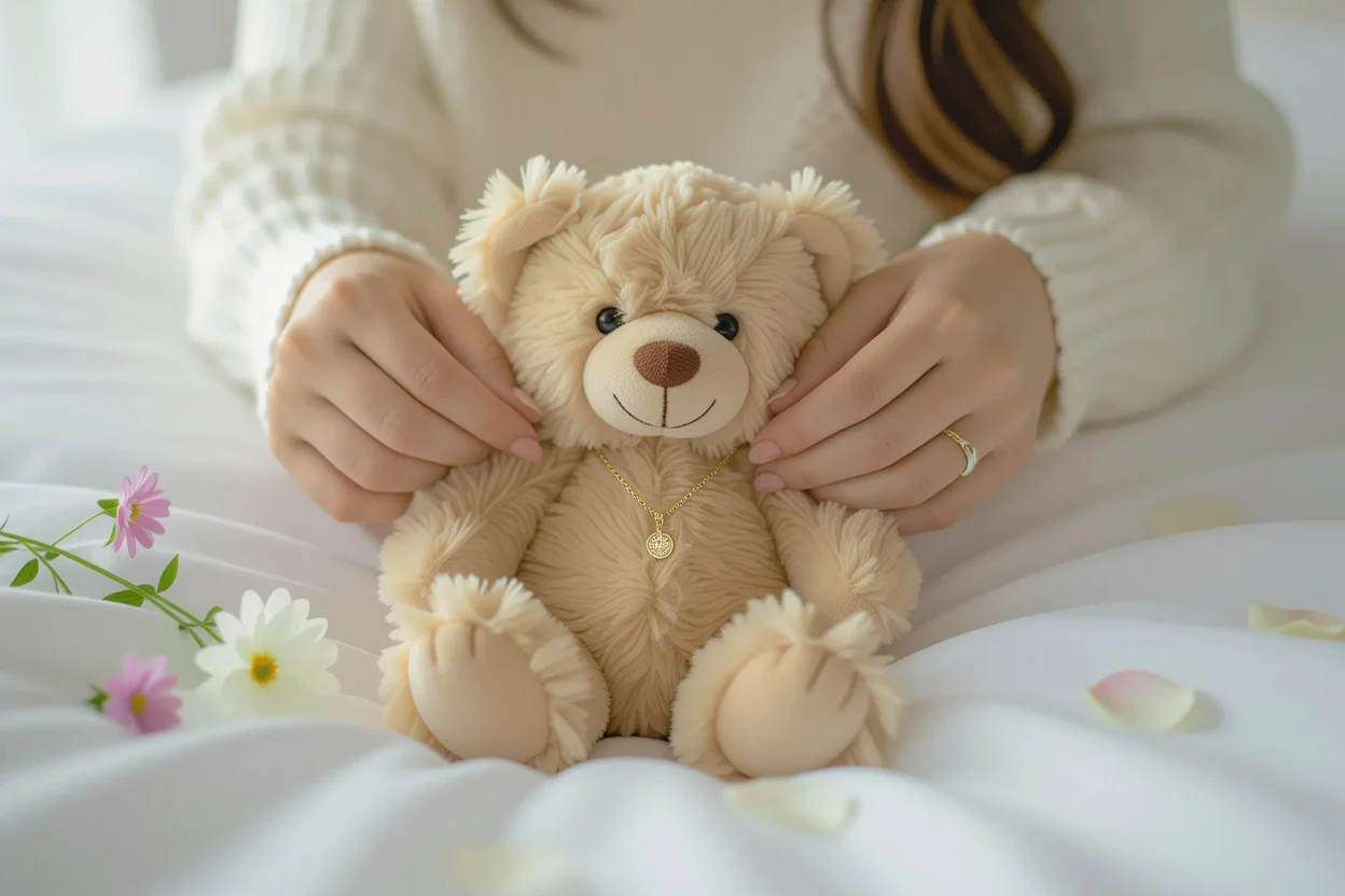 Surprise moment revealing hidden necklace inside teddy bear romantic gift