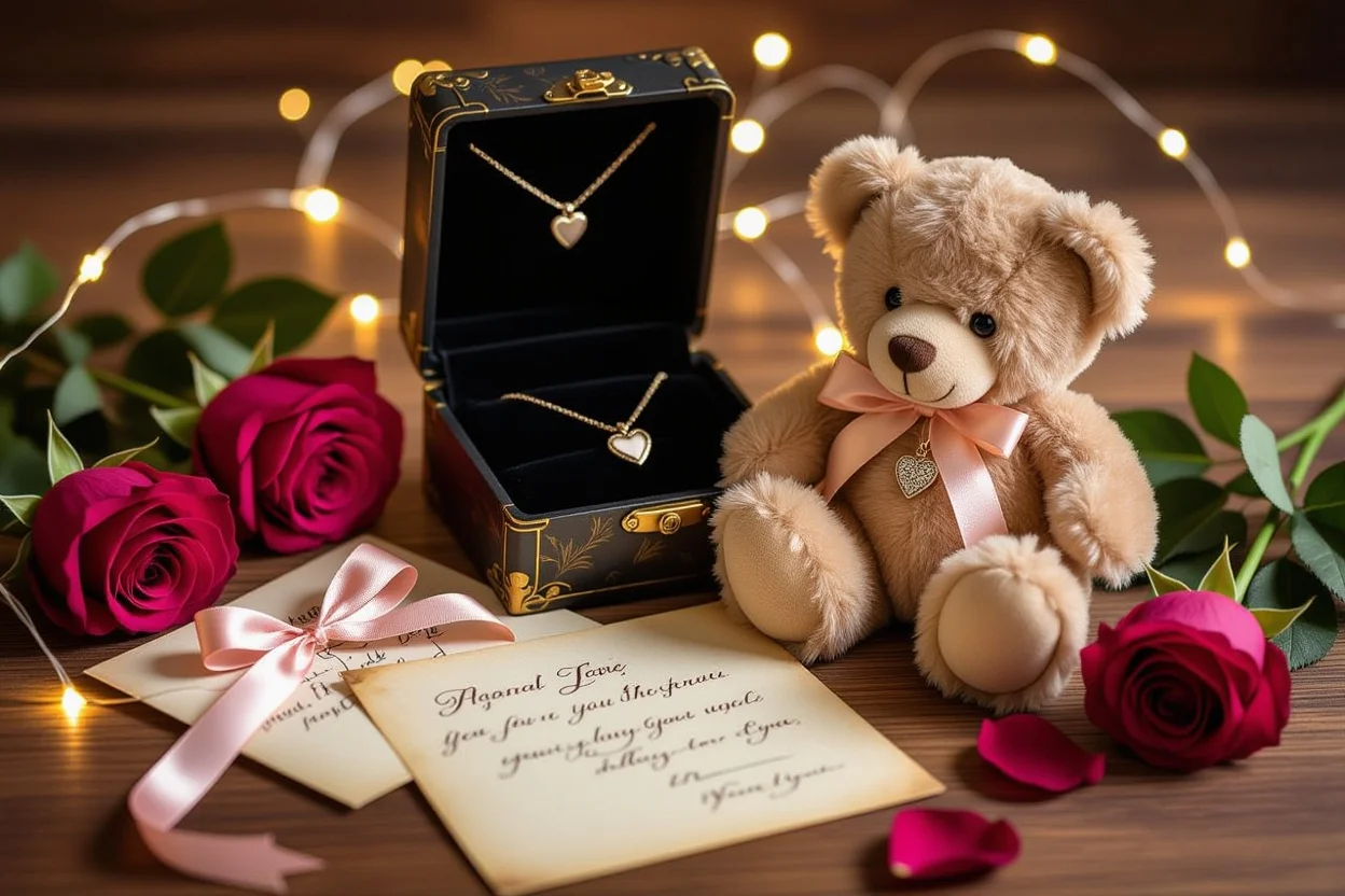 Romantic gift arrangement with teddy bear, jewelry, and sentimental keepsakes for lasting love