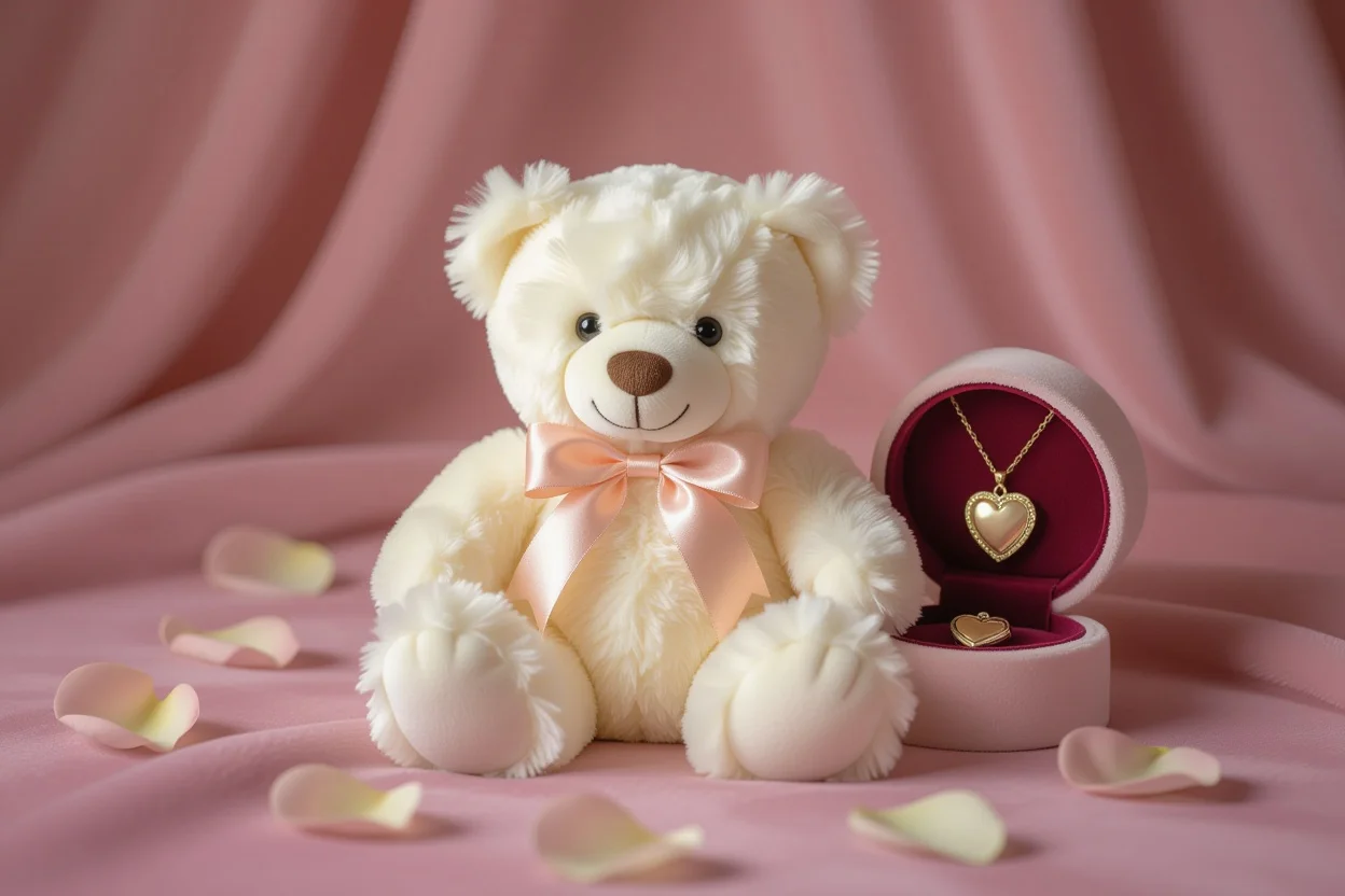 Luxury teddy bear with hidden surprise compartment containing heart locket - thoughtful gift for her