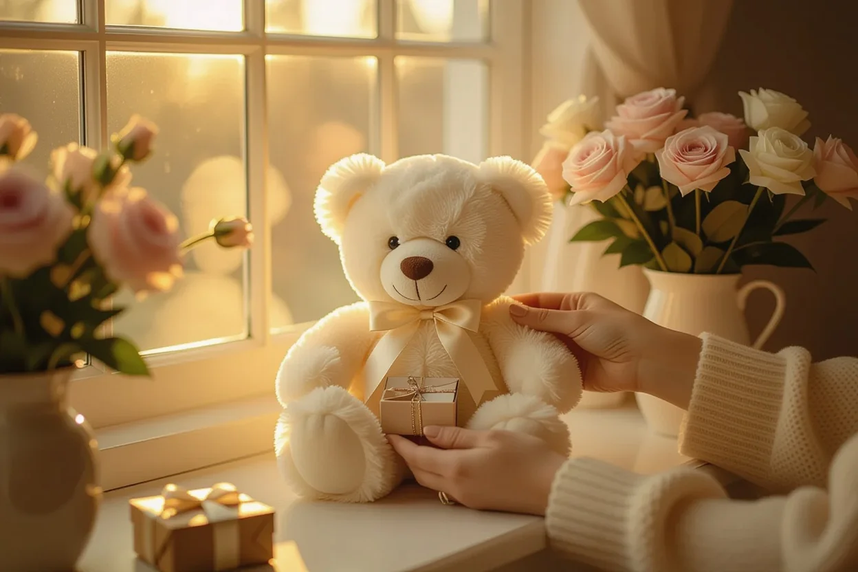 Romantic gift-giving moment with teddy bear containing hidden surprise - perfect Valentine's Day or anniversary gift